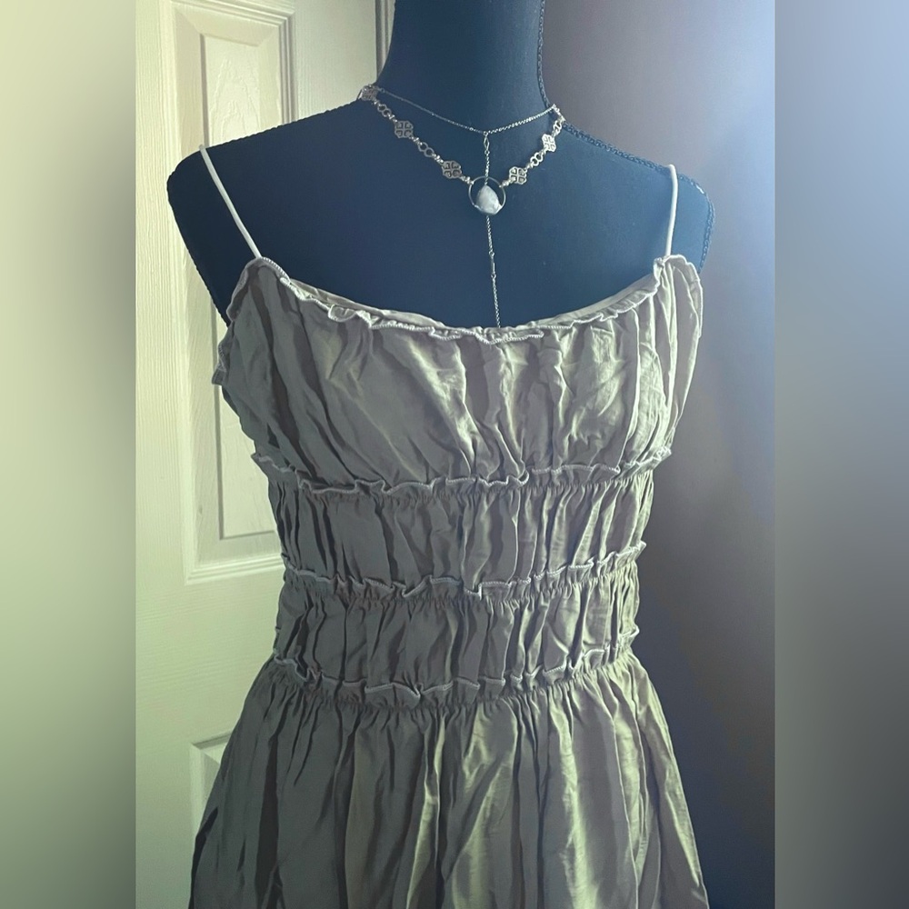Smocked Spaghetti Strap Women’s Dress in Light Olive